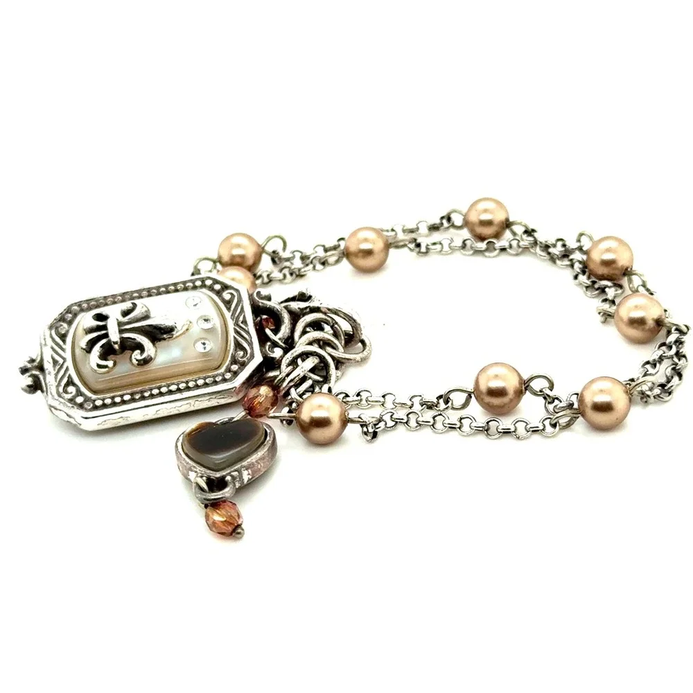 Brighton Fleur-de-Lis Mother of Pearl Heart Charm Pearl Double Strand Bracelet